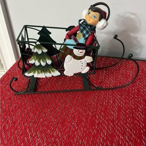 Source Unknown Green Sleigh with Snowman and Elf